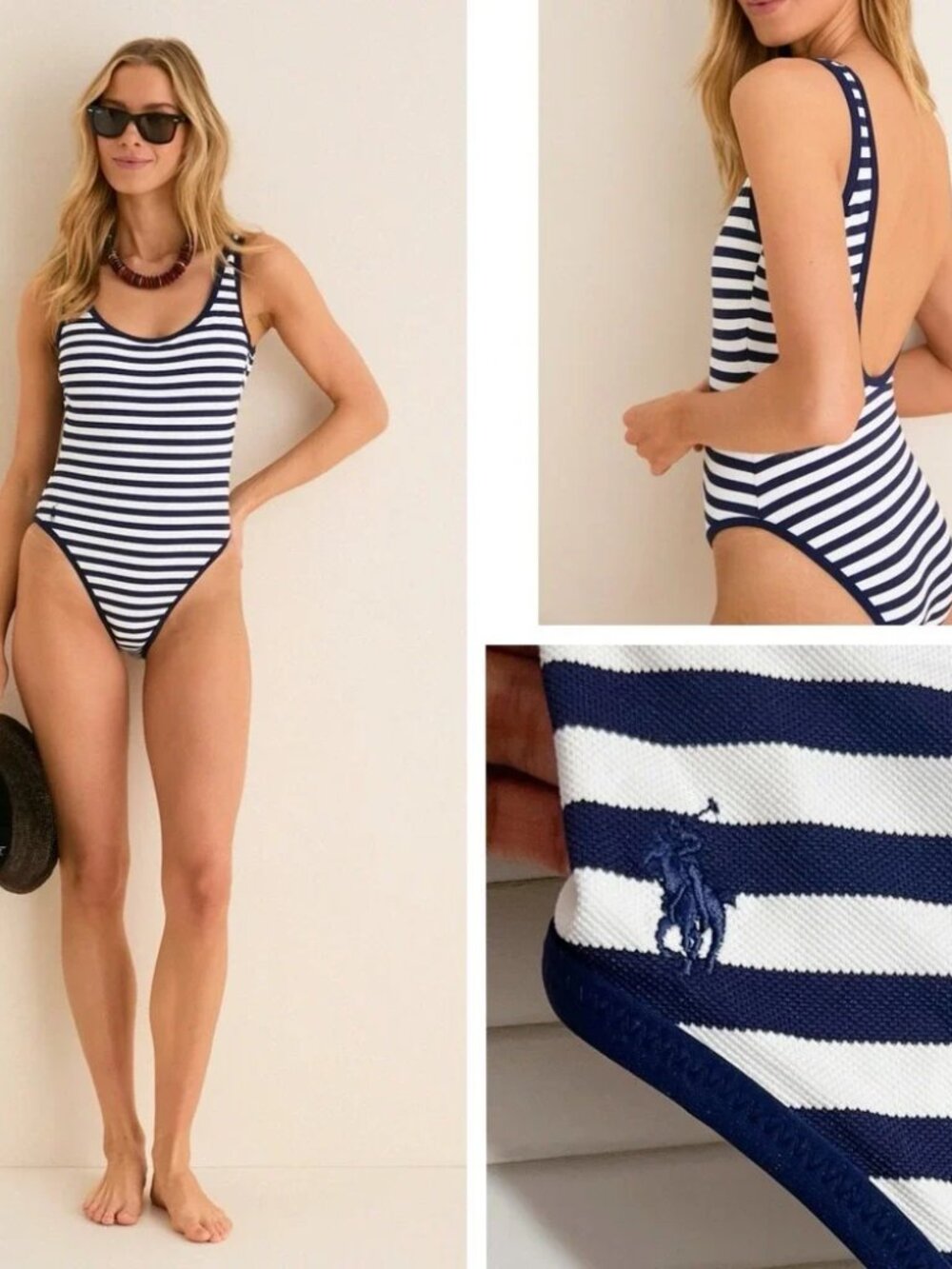 Polo Ralph Lauren Pique Navy & White Striped Scoop Neck One Piece Swimsuit M NEW